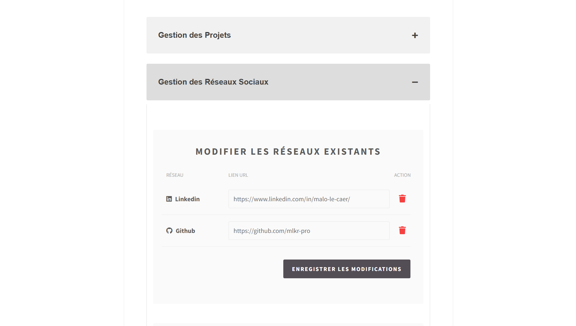 Interface de gestion CRUD